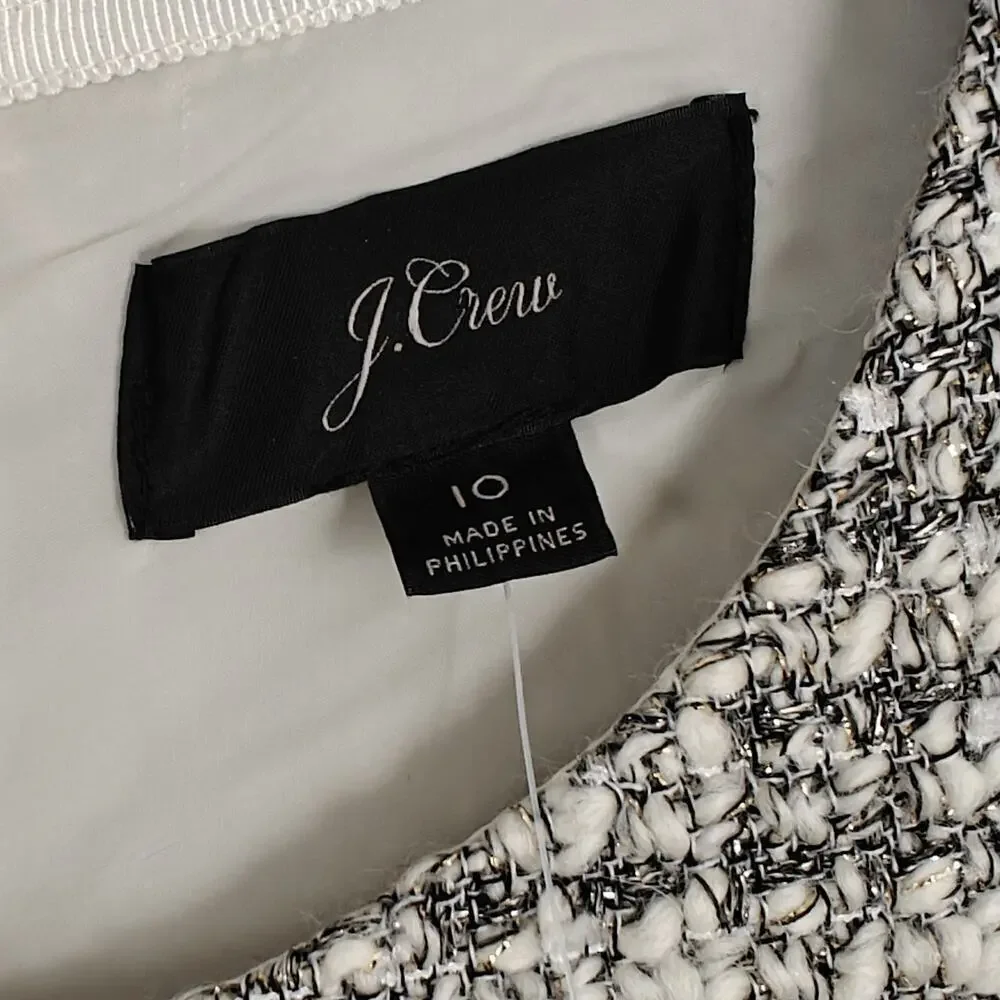 J. Crew Metallic Sparkle Tweed Sheath Dress Sz 10 Silver Velvet Fringe Trim NWT